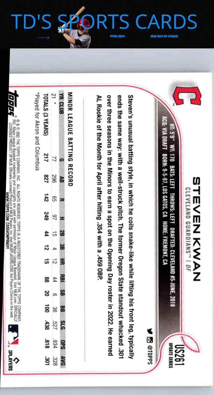 2022 Topps Update US261 Steven Kwan baseball card featuring Steven Kwan collectible