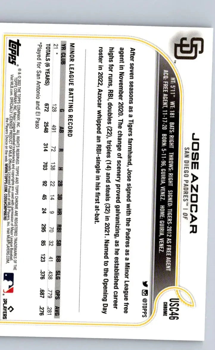 Back of 2022 Topps Update US280 Jose Azocar Purple baseball card showing statistics and details