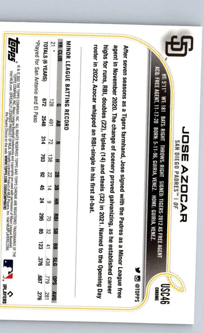 Back of 2022 Topps Update US280 Jose Azocar Purple baseball card showing statistics and details