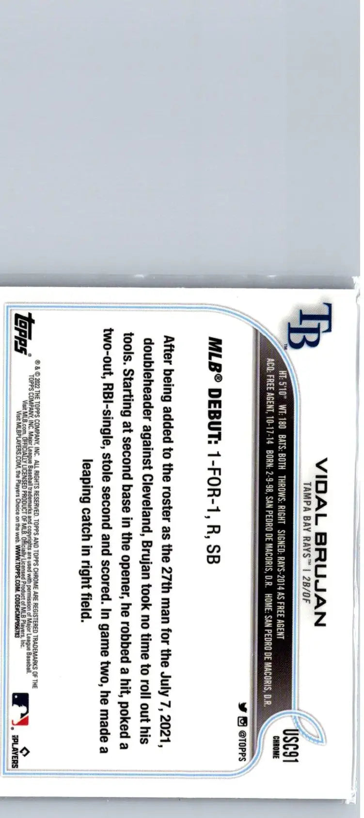 Vidal Brujan baseball card 2022 Topps Update US8 Vidal Brujan Purple collectible