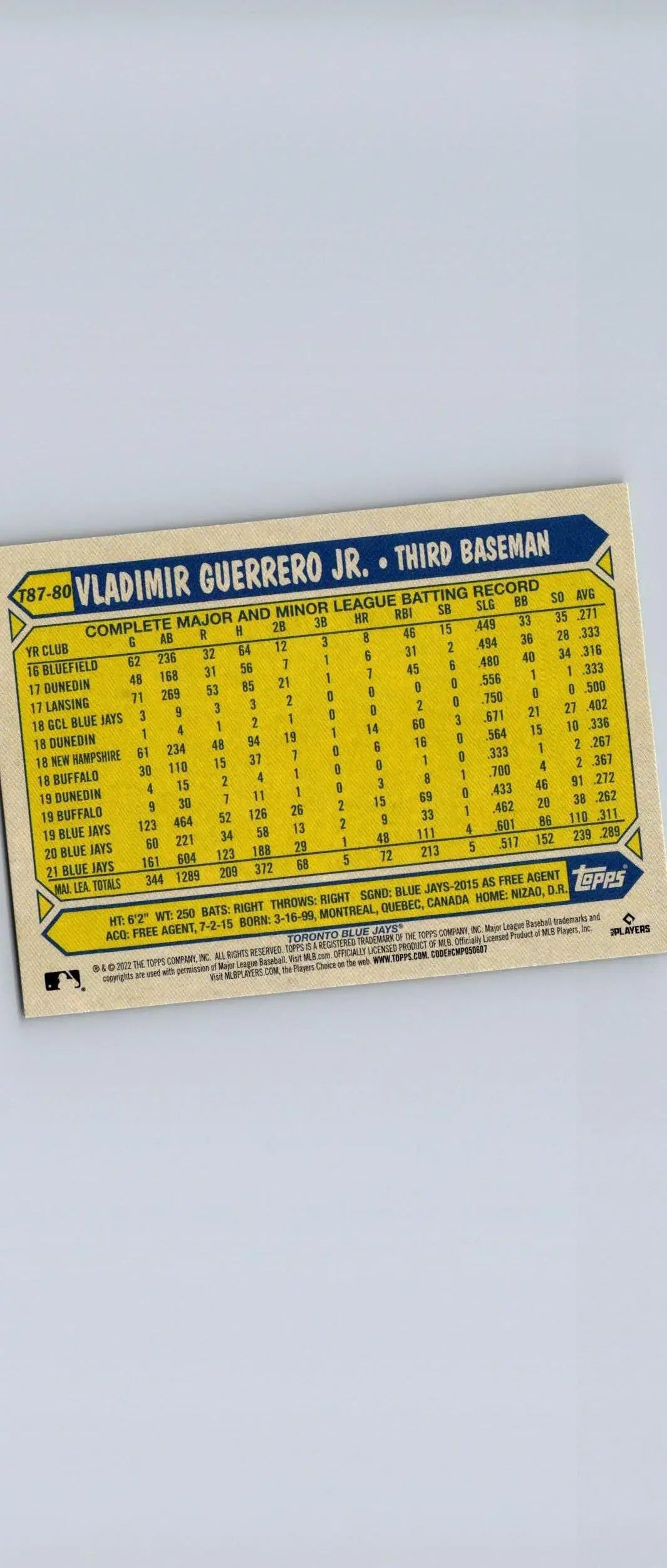 Baseball card featuring Vladimir Guerrero with statistics from Topps Baseball 35th Anniversary
