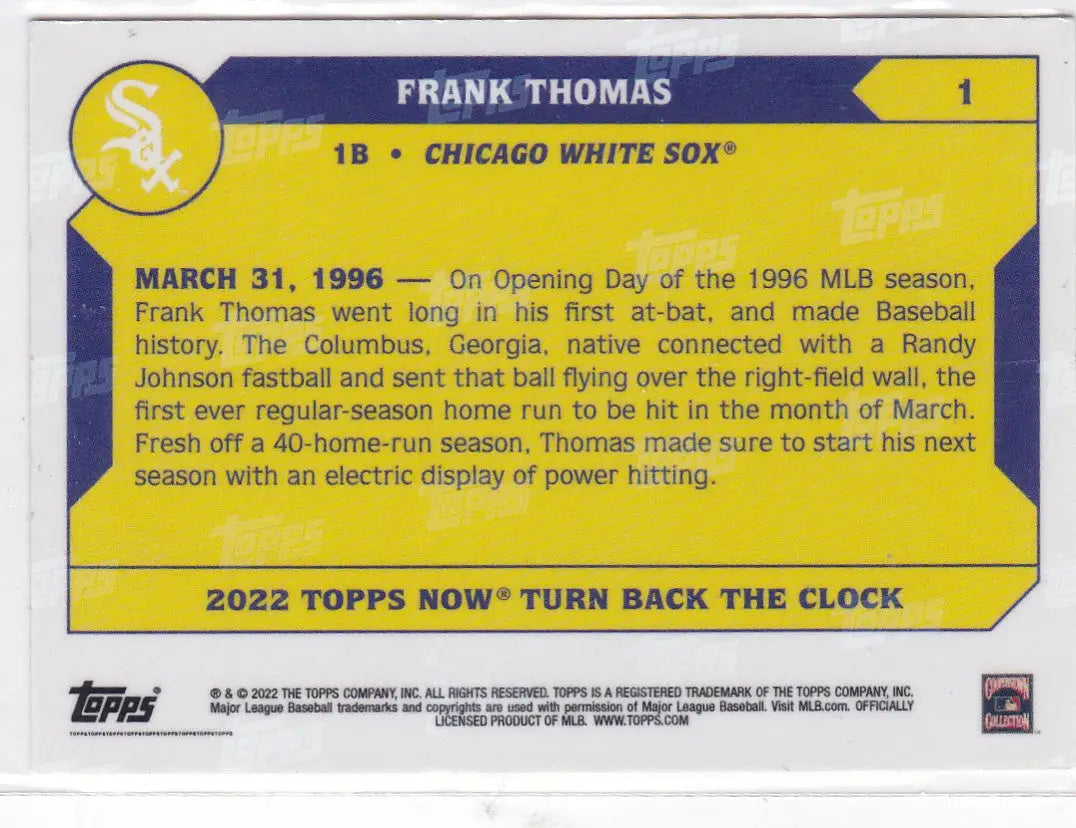 Yellow and blue Frank Thomas baseball card for Chicago White Sox home run, March 31, 1996