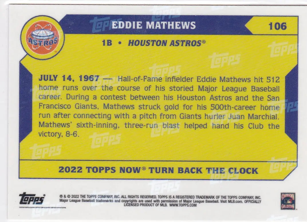 Yellow and blue baseball card of Eddie Mathews Houston Astros for 2022 TURN BACK THE CLOCK