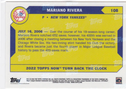 Back of a 2022 TURN BACK THE CLOCK Mariano Rivera baseball trading card featuring New York Yankees