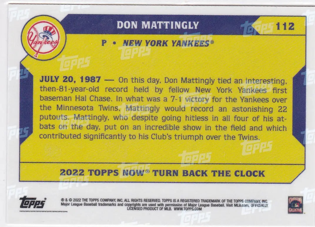 Baseball trading card of Don Mattingly of the New York Yankees from 2022 TURN BACK THE CLOCK series