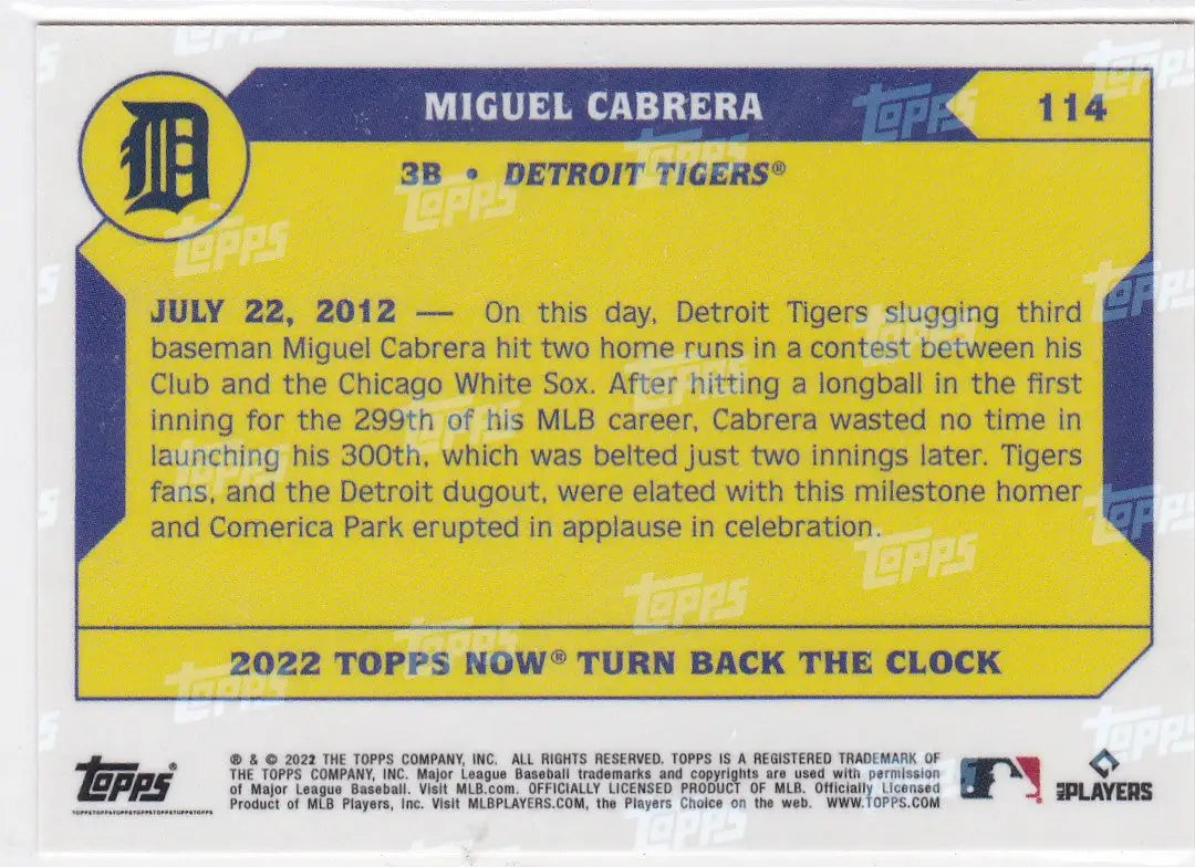 Baseball card featuring Miguel Cabrera Detroit from 2022 Turn Back The Clock series