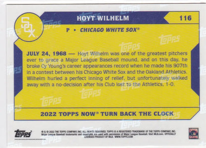 Baseball trading card of Hoyt Wilhelm for the Chicago White Sox from 2022 TURN BACK THE CLOCK series