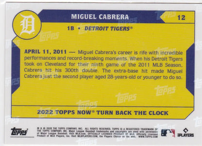 Back of 2022 Turn Back the Clock Miguel Cabrera Detroit Tigers baseball card