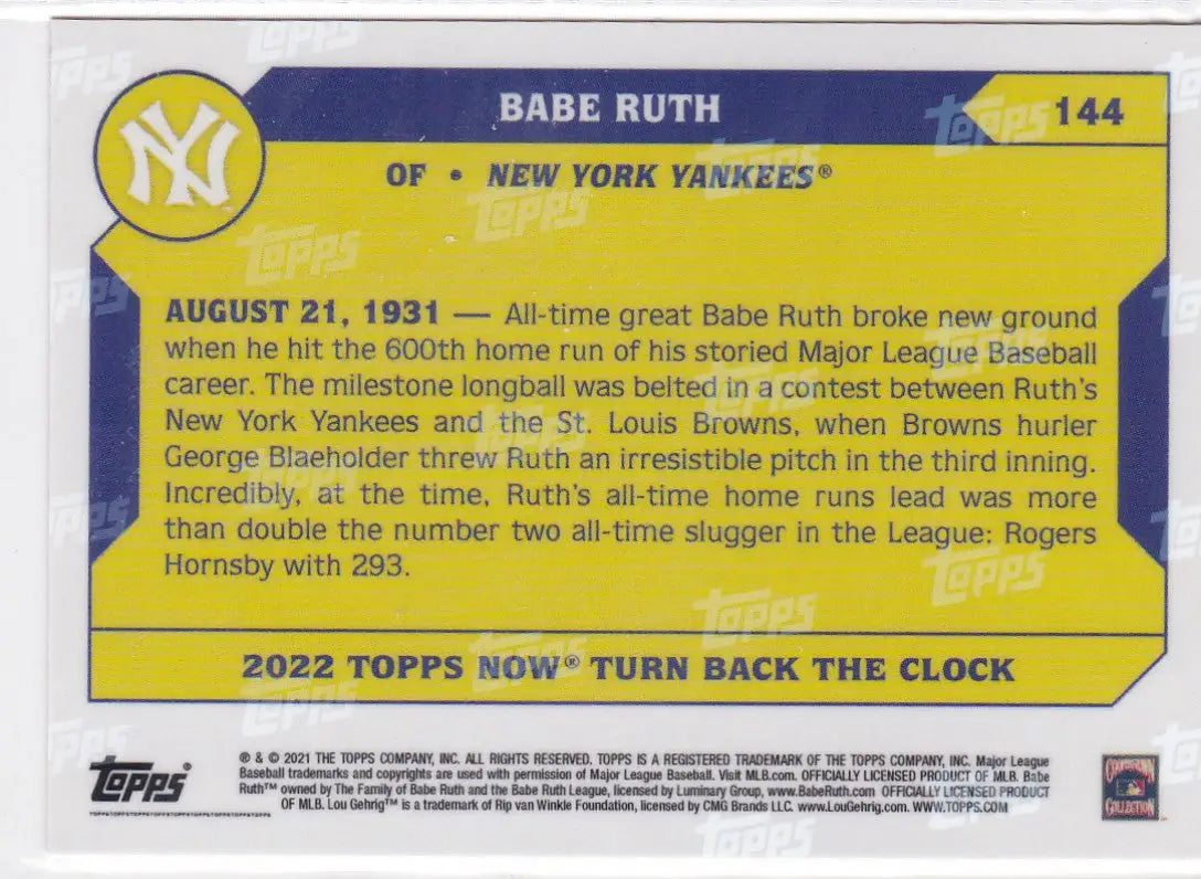 Collectible Babe Ruth baseball card featuring Babe Ruth from the New York Yankees 2022