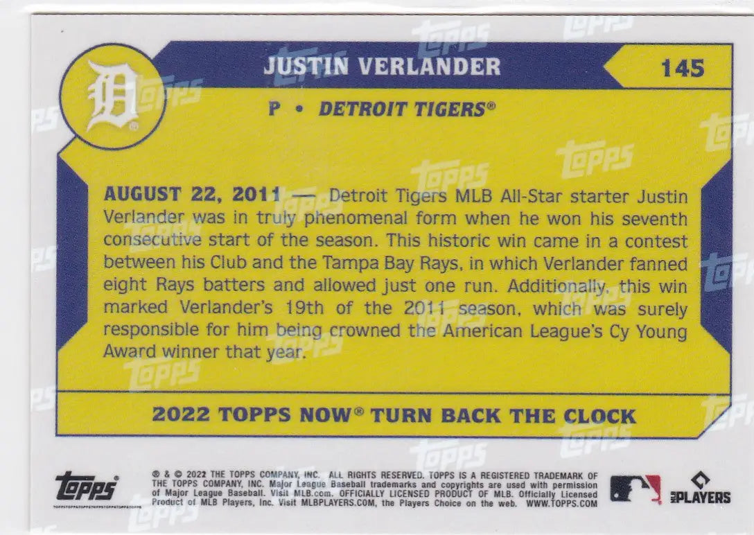 Yellow and blue Justin Verlander Detroit Tigers trading card from 2022 TURN BACK THE CLOCK