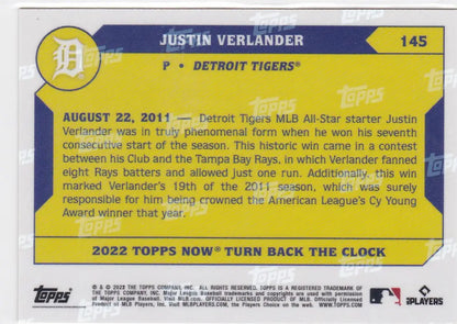 Yellow and blue Justin Verlander Detroit Tigers trading card from 2022 TURN BACK THE CLOCK