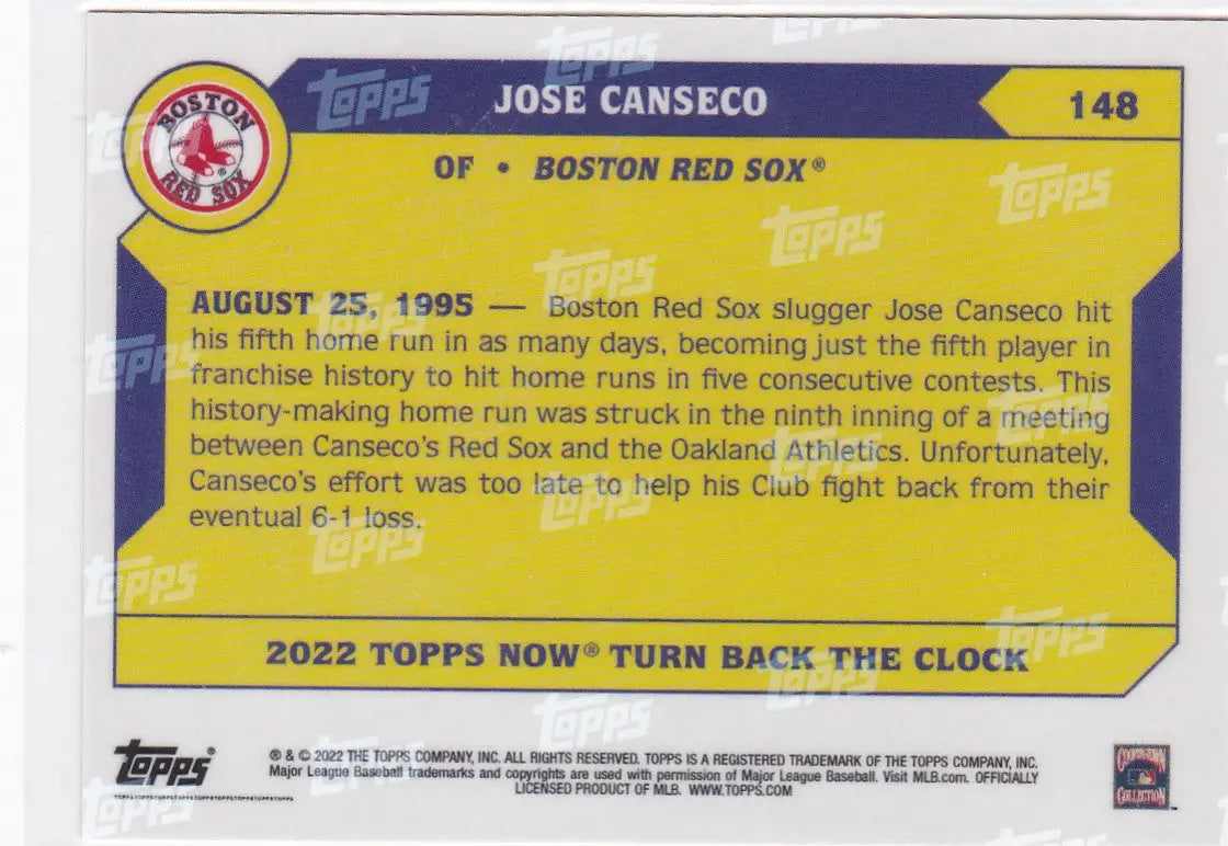 Baseball trading card of Jose Canseco from 2022 TURN BACK THE CLOCK #148 Boston Red Sox