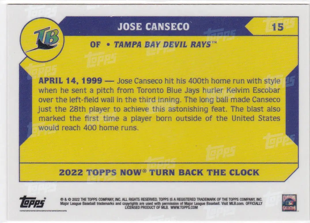 Baseball trading card featuring Jose Canseco from 2022 TURN BACK THE CLOCK Tampa Bay Devil Rays