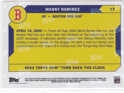 Back of a baseball trading card featuring Manny Ramirez of the Boston Red Sox
