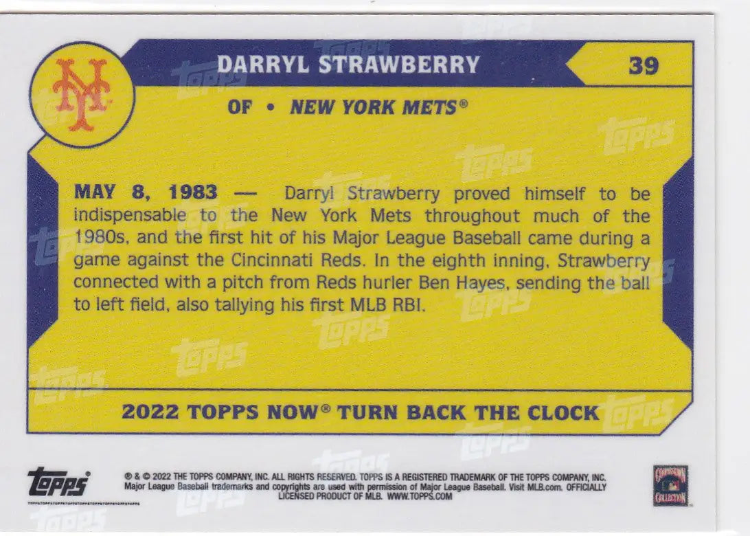Back of a 2022 Topps Now Darryl Strawberry baseball card featuring New York Mets player