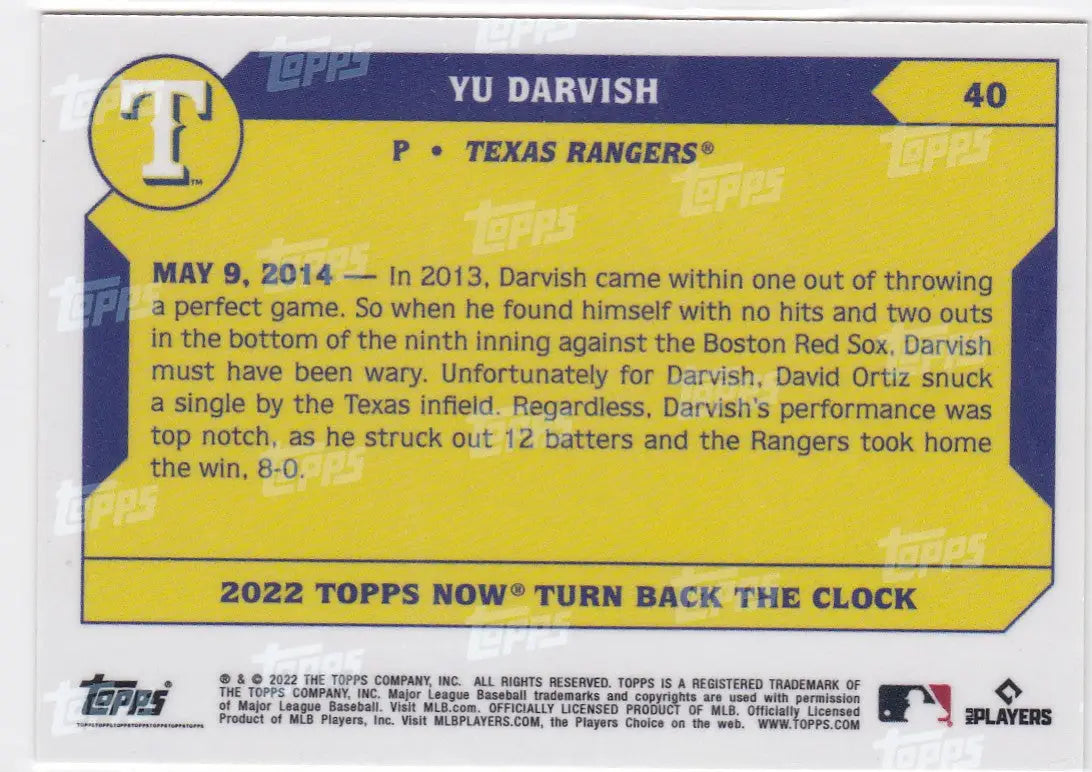 Baseball trading card of Yu Darvish Texas Rangers 2022 TURN BACK THE CLOCK #40