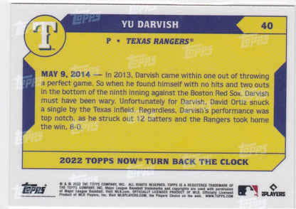 Baseball trading card of Yu Darvish Texas Rangers 2022 TURN BACK THE CLOCK #40