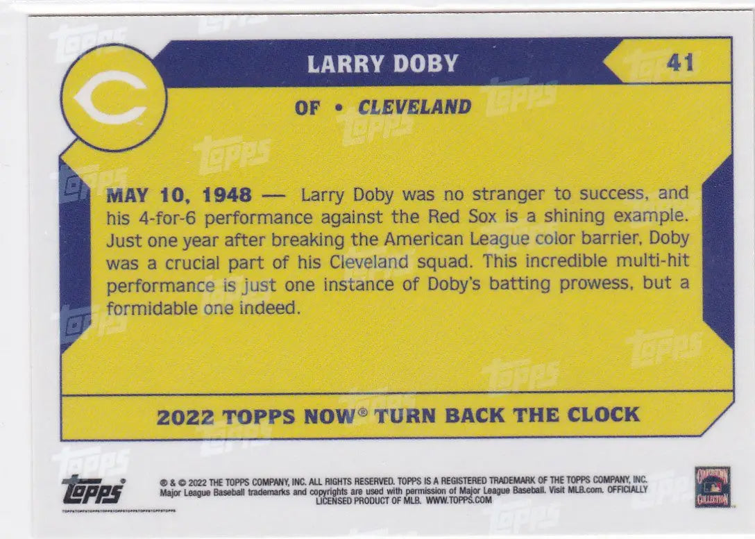 Yellow and blue baseball trading card of Larry Doby Cleveland from 2022 TURN BACK THE CLOCK