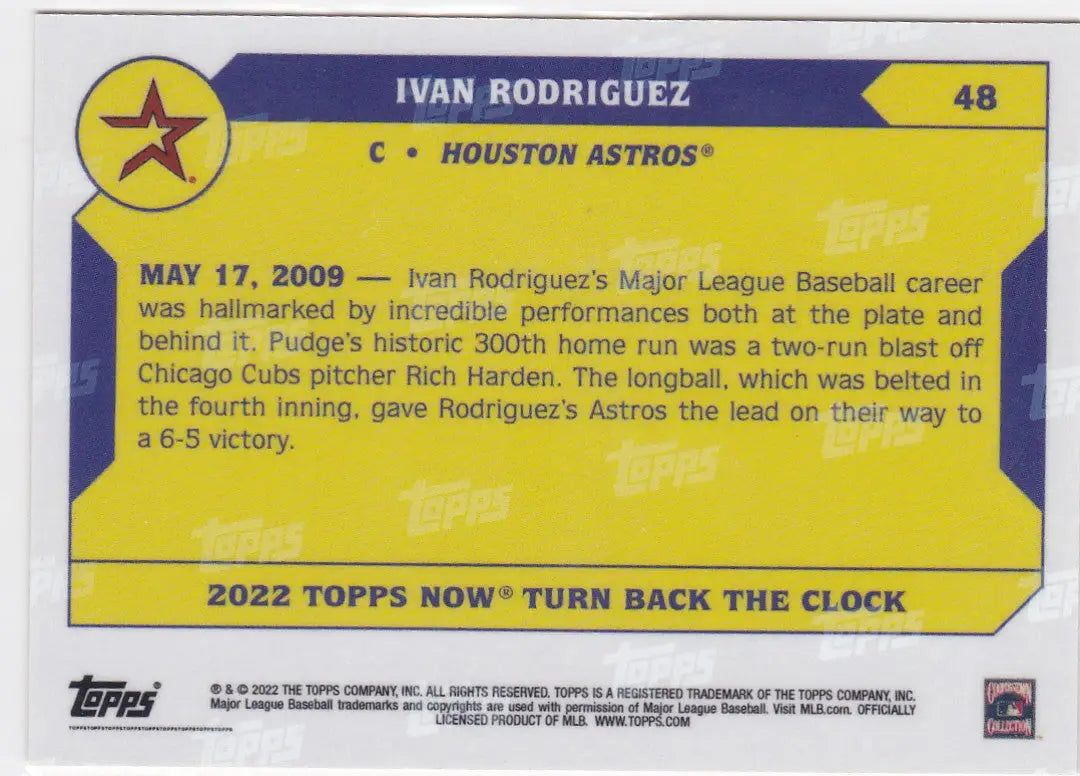 Baseball card of Ivan Rodriguez Houston Astros 2022 TURN BACK THE CLOCK #48