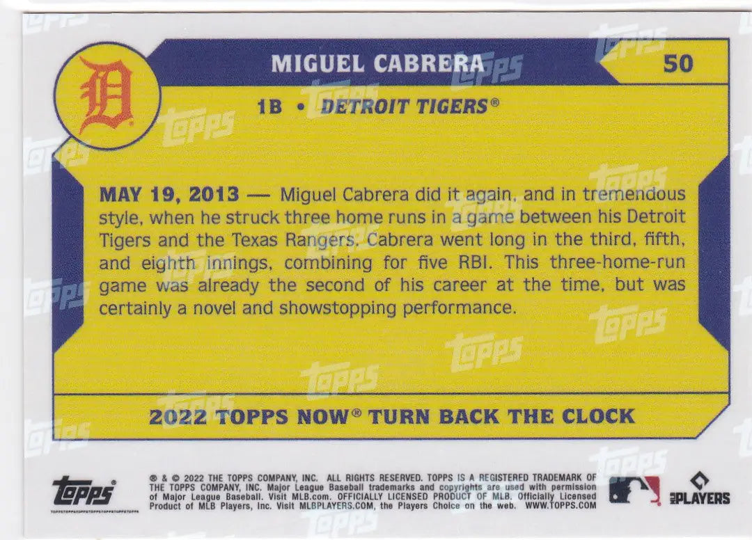 Miguel Cabrera Detroit Tigers baseball card from 2022 Topps Now Turn Back The Clock series
