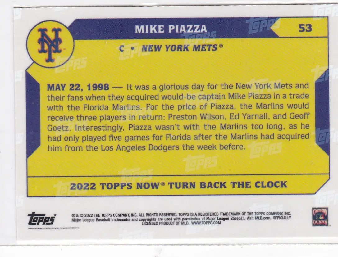 Back of a yellow and blue Mike Piazza New York Mets baseball card from 2022 TURN BACK THE CLOCK