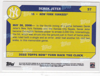 Back of 2022 Topps Now Derek Jeter Yankees baseball card honoring his 2000th hit