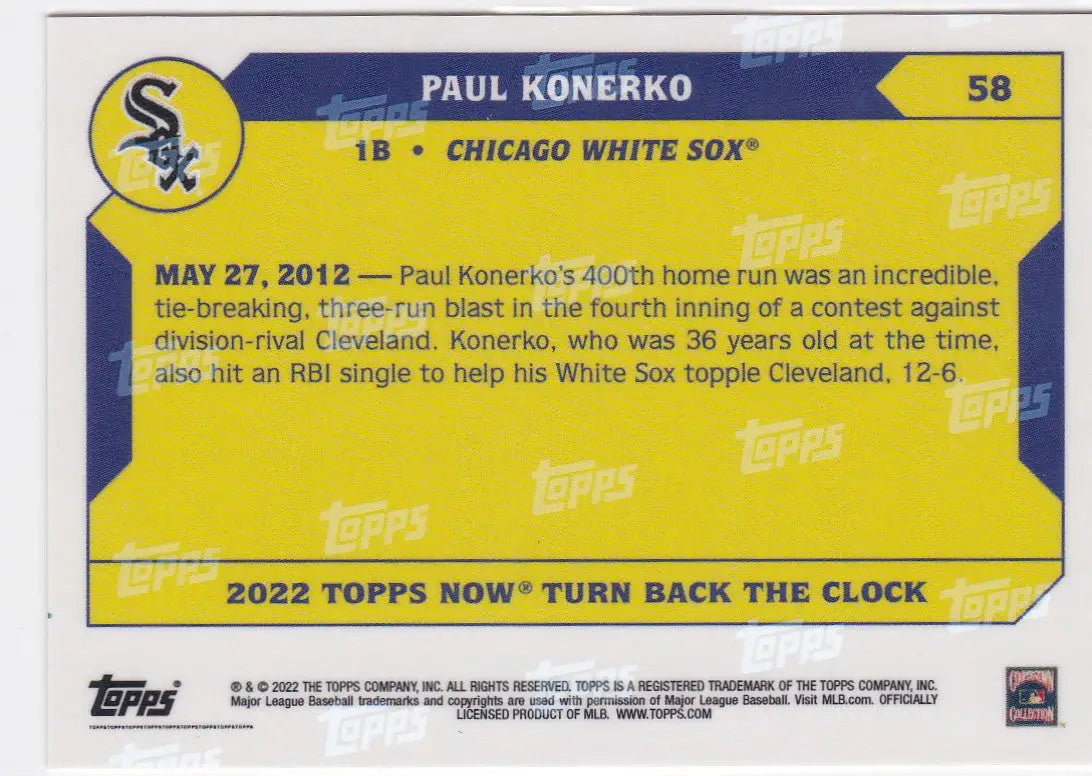 Back of a 2022 TURN BACK THE CLOCK Paul Konerko Chicago White Sox baseball card
