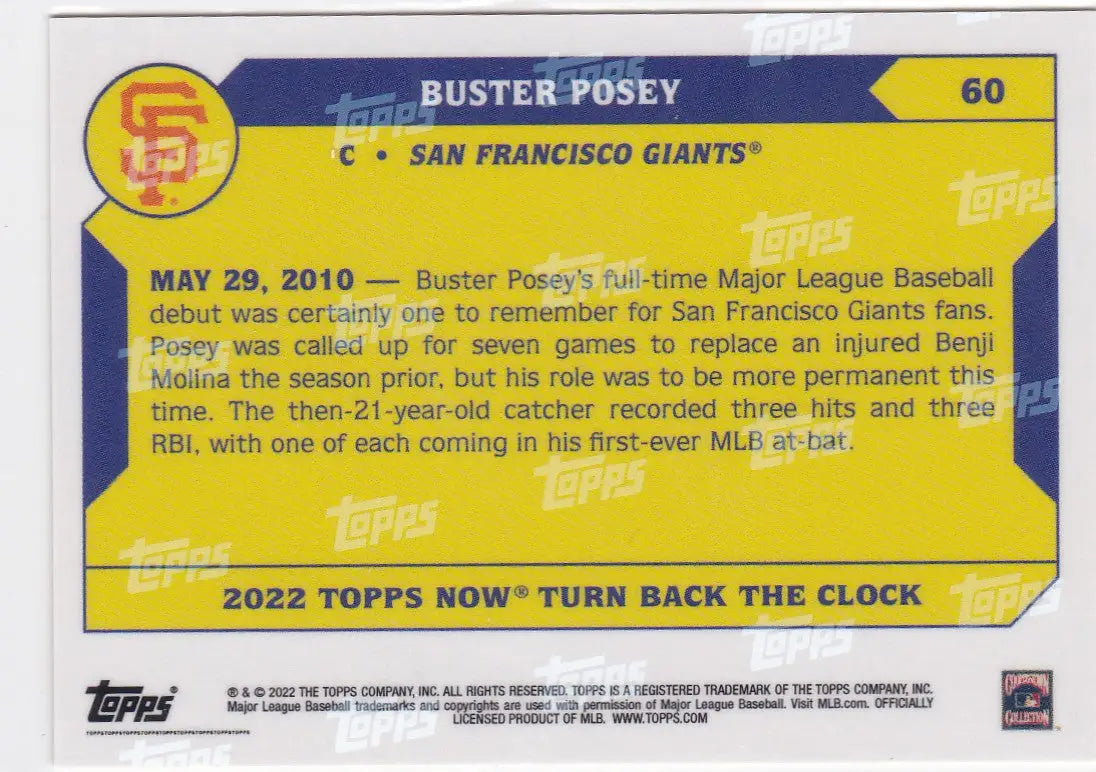 Back of a yellow and blue baseball card featuring Buster Posey of the San Francisco Giants