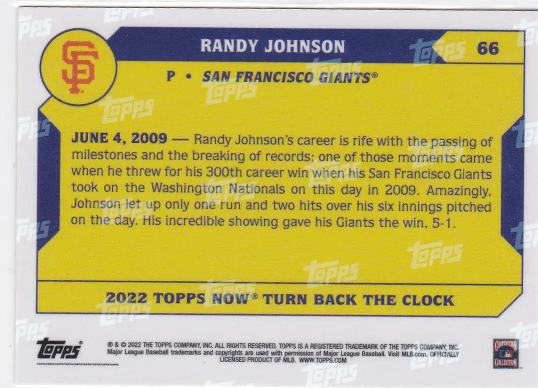 2022 Topps Now Randy Johnson baseball card featuring San Francisco Giants player