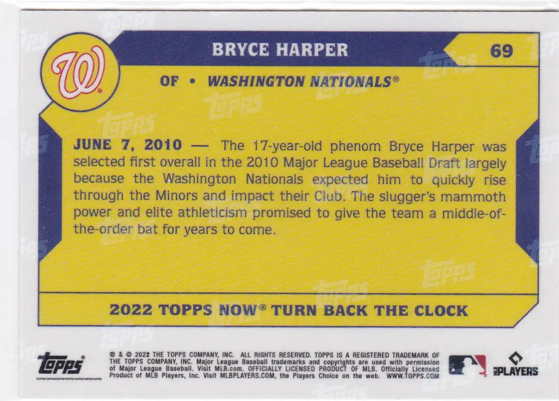 Baseball card of Bryce Harper Washington Nationals with draft info and player potential