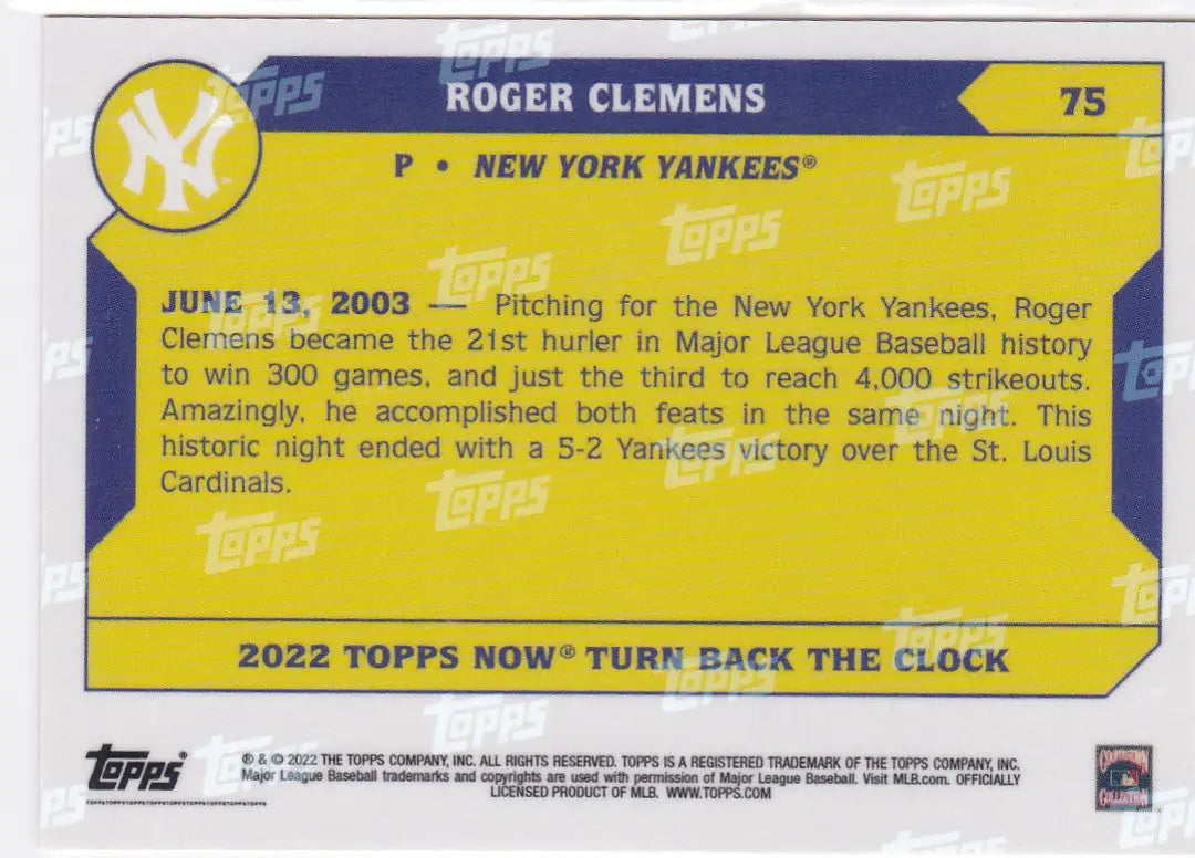 Back of 2022 TURN BACK THE CLOCK Roger Clemens baseball card celebrating 300 wins and 4000 strikeouts featuring New York Yankees