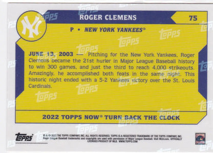 Back of 2022 TURN BACK THE CLOCK Roger Clemens baseball card celebrating 300 wins and 4000 strikeouts featuring New York Yankees