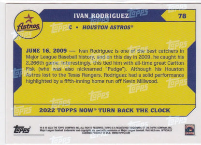 Back of 2022 TURN BACK THE CLOCK #78 Ivan Rodriguez Houston Astros baseball card