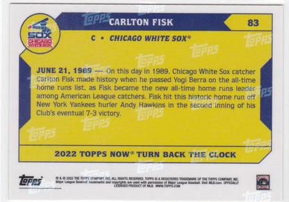 Baseball card featuring Carlton Fisk of the Chicago White Sox with yellow and blue background