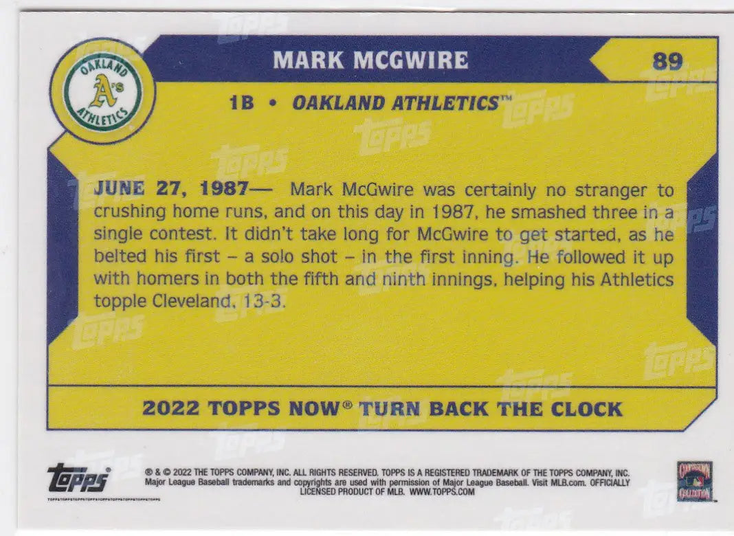 Baseball trading card of Mark McGwire Oakland Athletics from 2022 TURN BACK THE CLOCK series