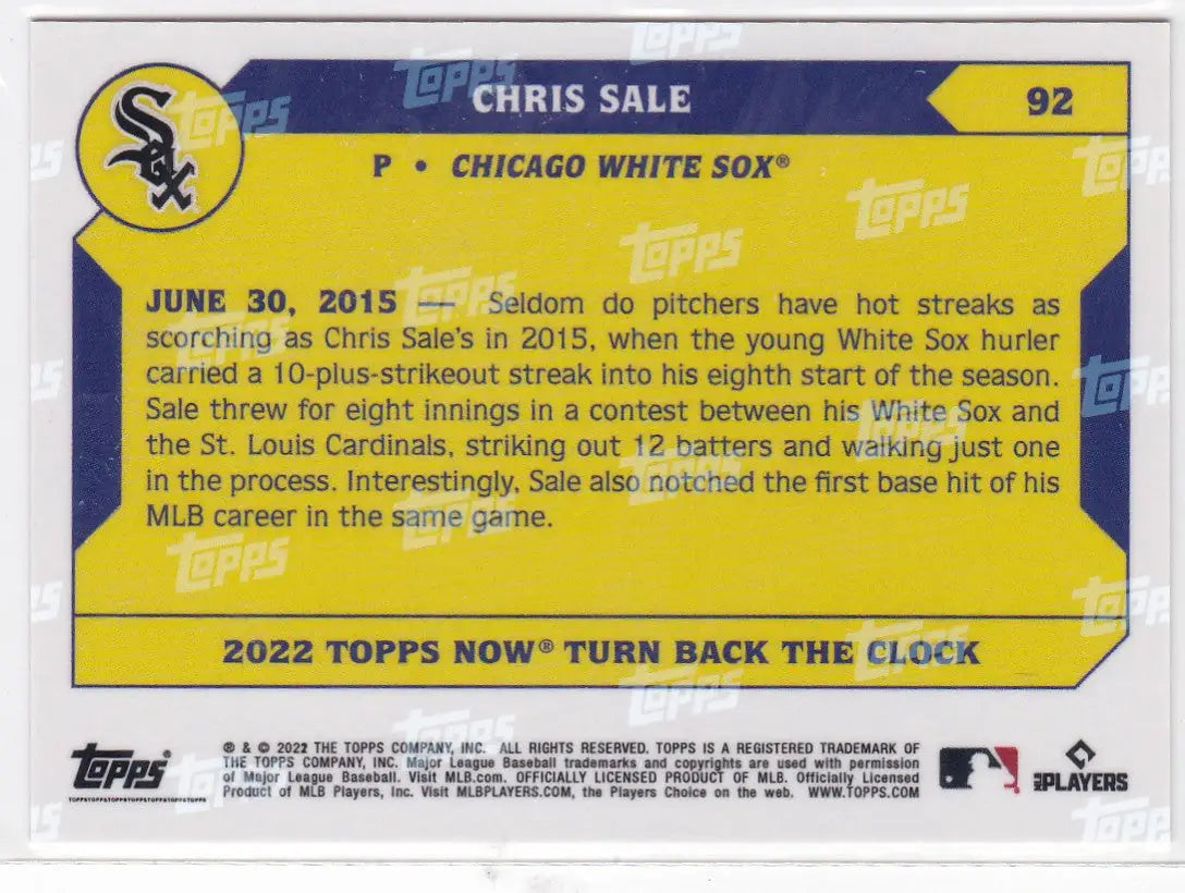Baseball trading card of Chris Sale from 2022 TURN BACK THE CLOCK CHICAGO WHITE SOX