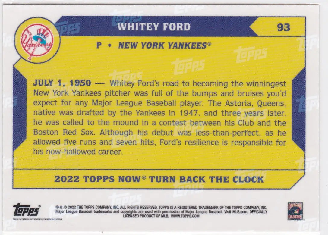 Back of a baseball trading card featuring Whitey Ford of the New York Yankees