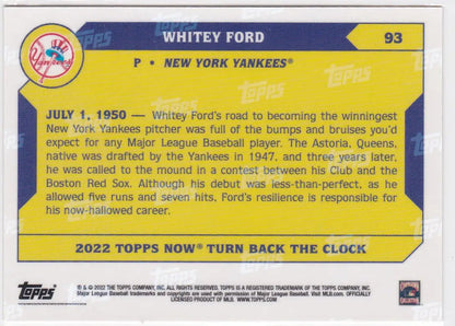 Back of a baseball trading card featuring Whitey Ford of the New York Yankees