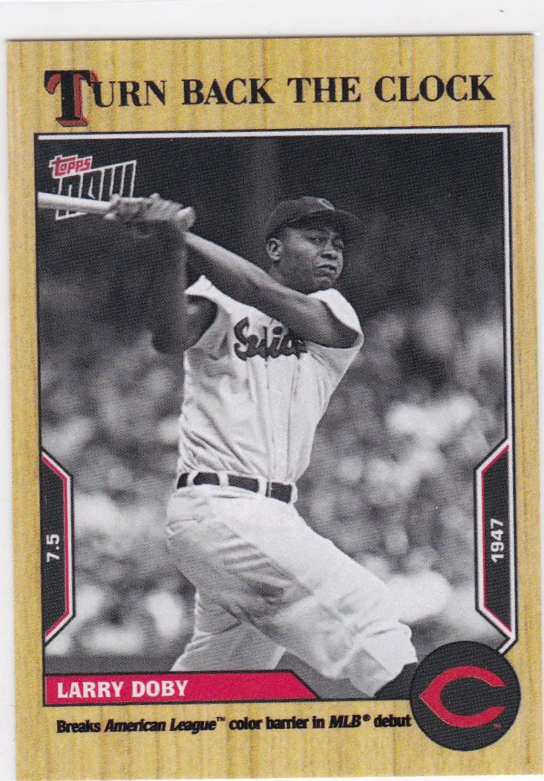 Black and white baseball card of Larry Doby Cleveland commemorating 1947 AL color barrier