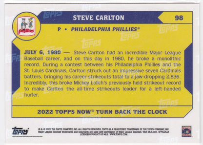Rectangular baseball card with yellow and blue color blocking featuring Steve Carlton- Philadelphia Phillies
