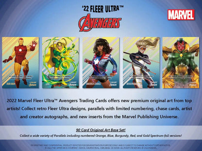 Avengers trading cards from 2022 Upper Deck Fleer Ultra Marvel set on display