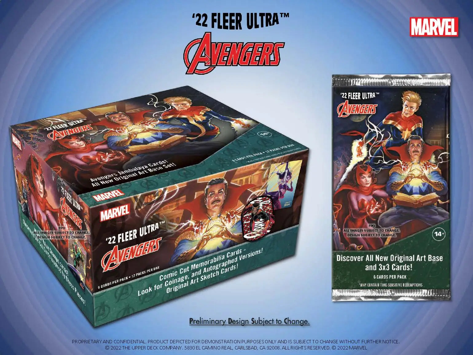 2022 Upper Deck Fleer Ultra Avengers trading card box and pack display