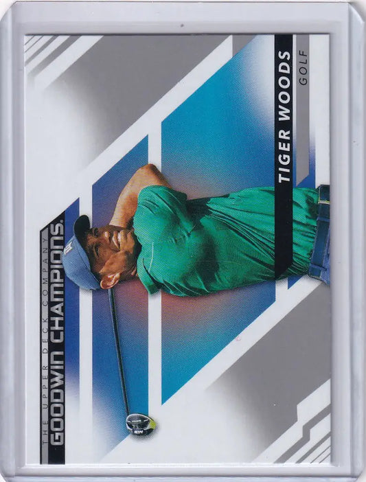 Baseball trading card of Tiger Woods in a green jersey from Upper Deck Goodwin series