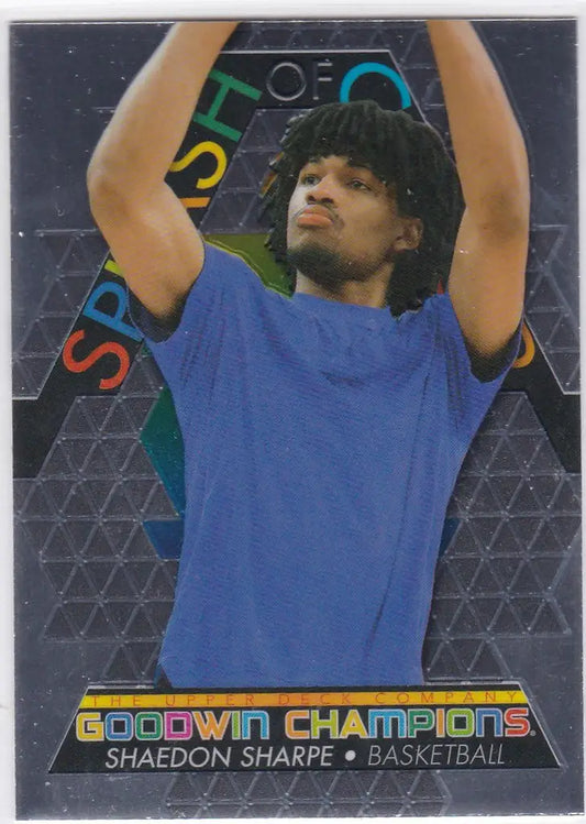 Basketball trading card of Shaedon Sharpe in blue shirt from Upper Deck Goodwin Champions
