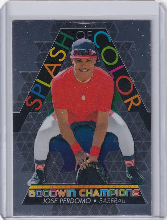 Baseball trading card of Jose Perdomo in red shirt, blue pants for Upper Deck Goodwin