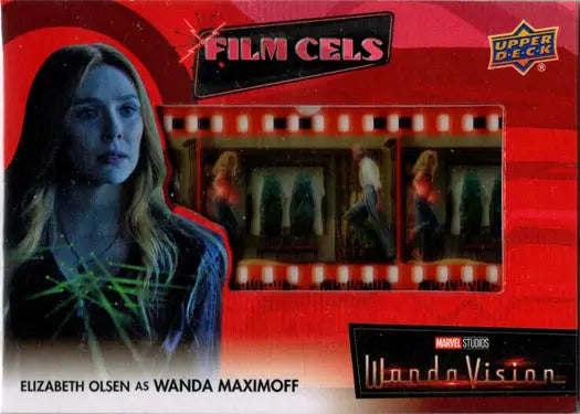 Film cel trading card from Marvel’s WandaVision featuring film frames on red background