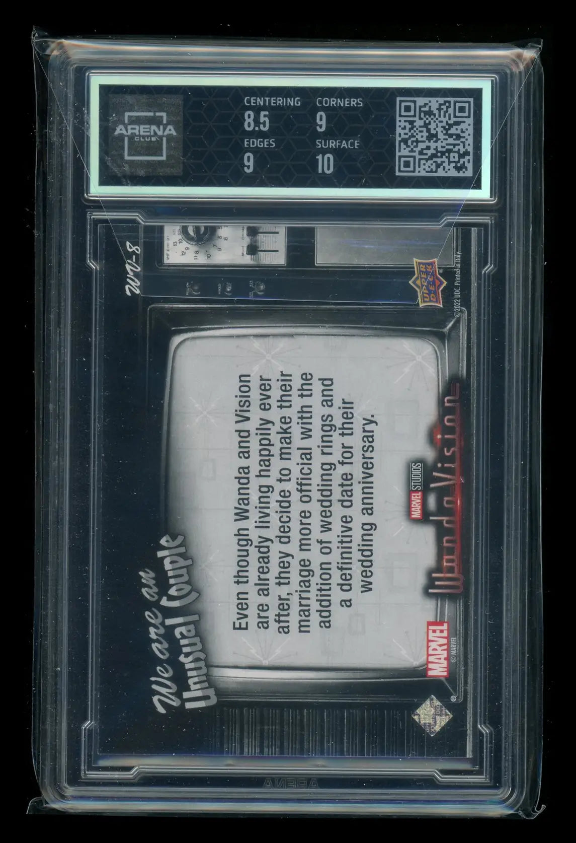 Graded collectible card in protective slab from 2022 Upper Deck WandaVision Arena Club