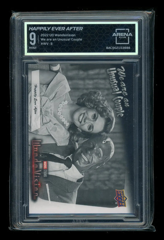 Graded Happily Ever After trading card featuring Wanda Maximoff and Vision from Upper Deck WandaVision Arena Club