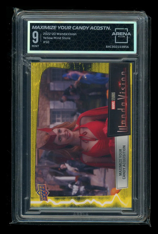 Graded WandaVision trading card from 2022 Upper Deck WandaVision Yellow Mind Stone Arena Club
