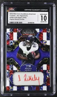 Graded Isaiah Likely football card from 2022 Wild Card AutoMania series, auto Manía American Isaiah